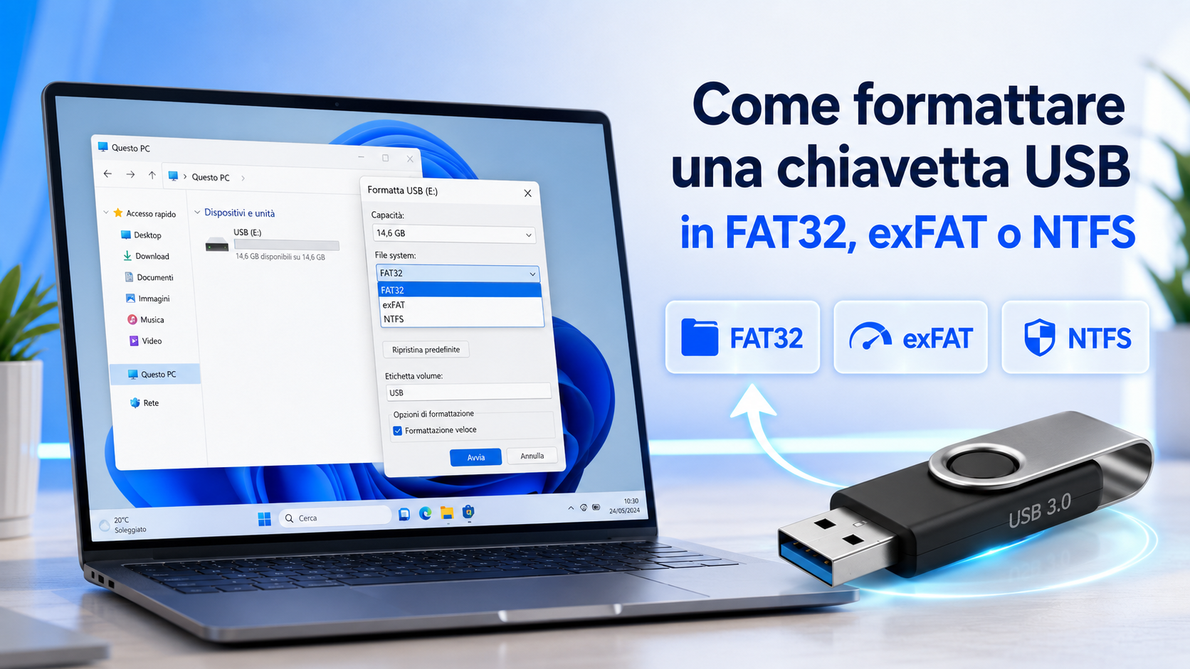 Come formattare una chiavetta USB in FAT32, exFAT o NTFS
